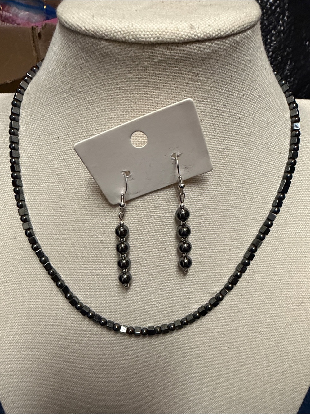 18 inch small Hematite Bead Necklace and Drop Earrings Set - Silver-Tone